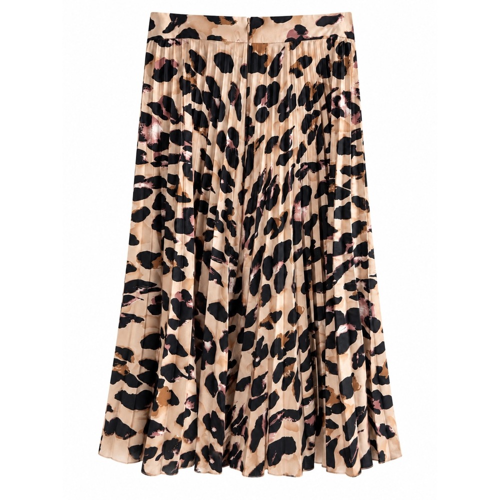 SHEIN Women's Large Leopard Print Pleated Midi Skirt Satin Animal Print